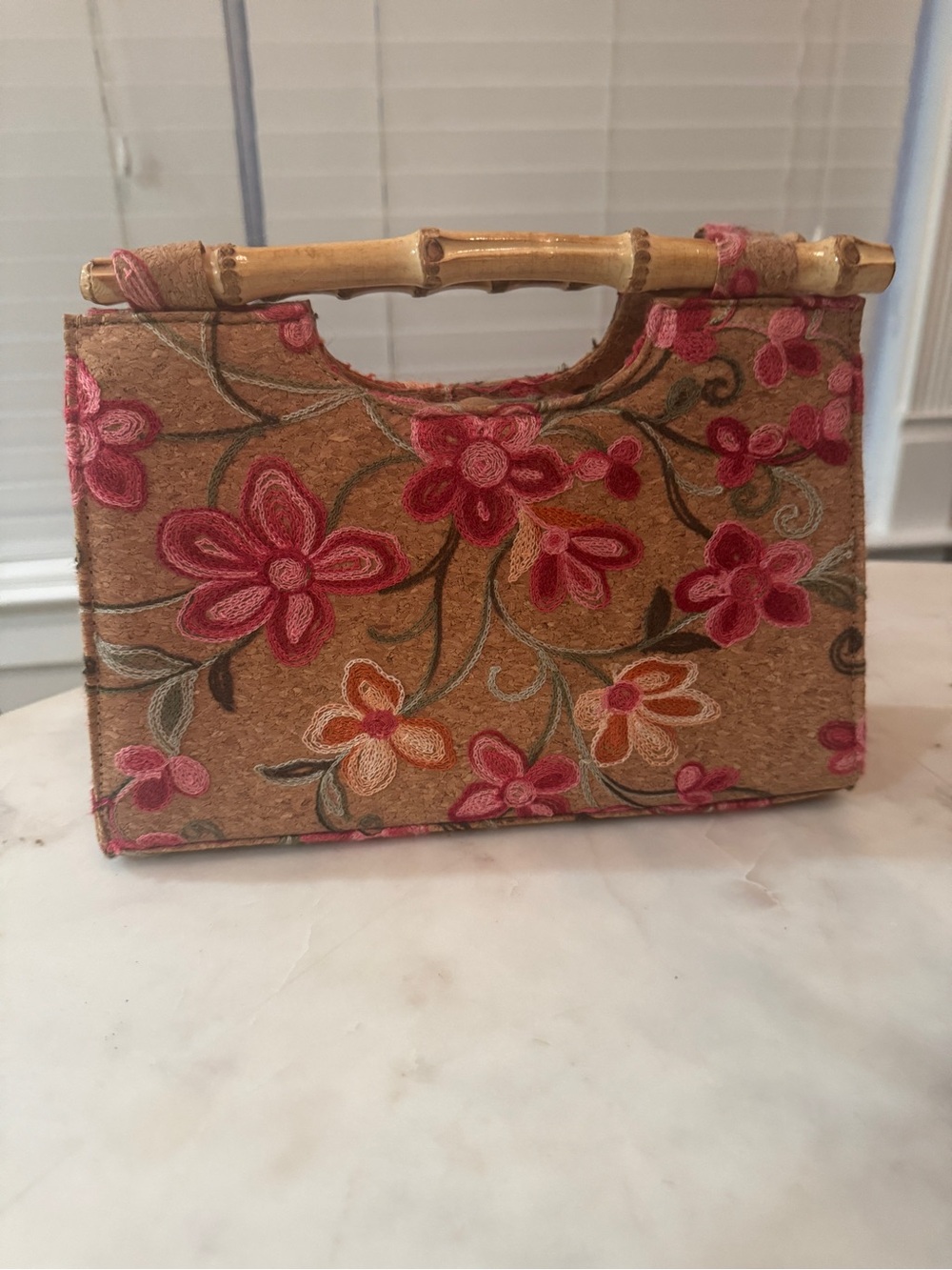 Embroidered Floral Bamboo-Handle Women's Handbag in Brown and Pink